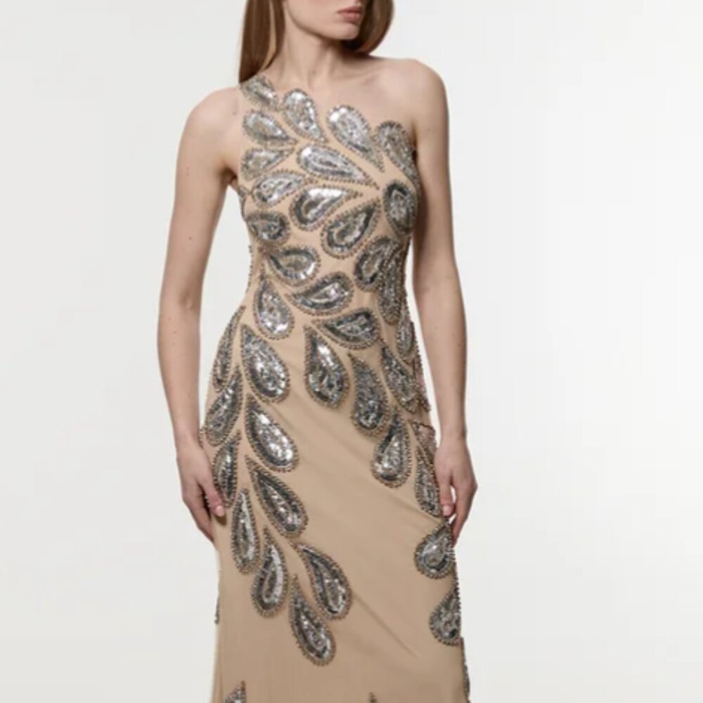 KAREN MILLEN Paisley Embellished One Shoulder Maxi Dress